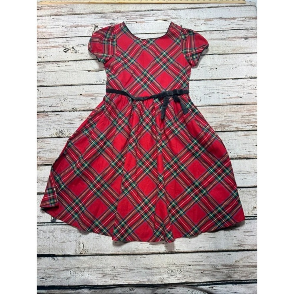 Hope & Henry sz 12 Girls Red Plaid Christmas Dress with Black Bow